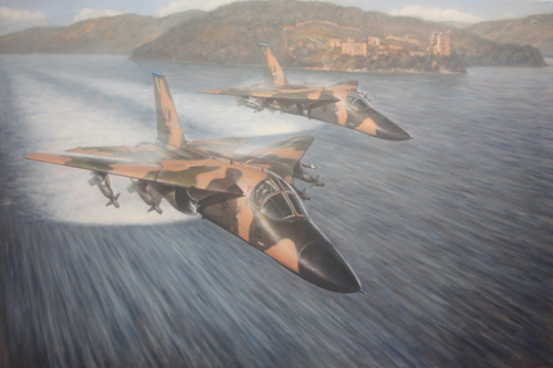 Two mighty F-111Fs of the 492nd FS at RAF Lakenheath skim Loch Ness at very low level during an exhilarating final flight around Britain before the crew redeploy back to the US in 1989.